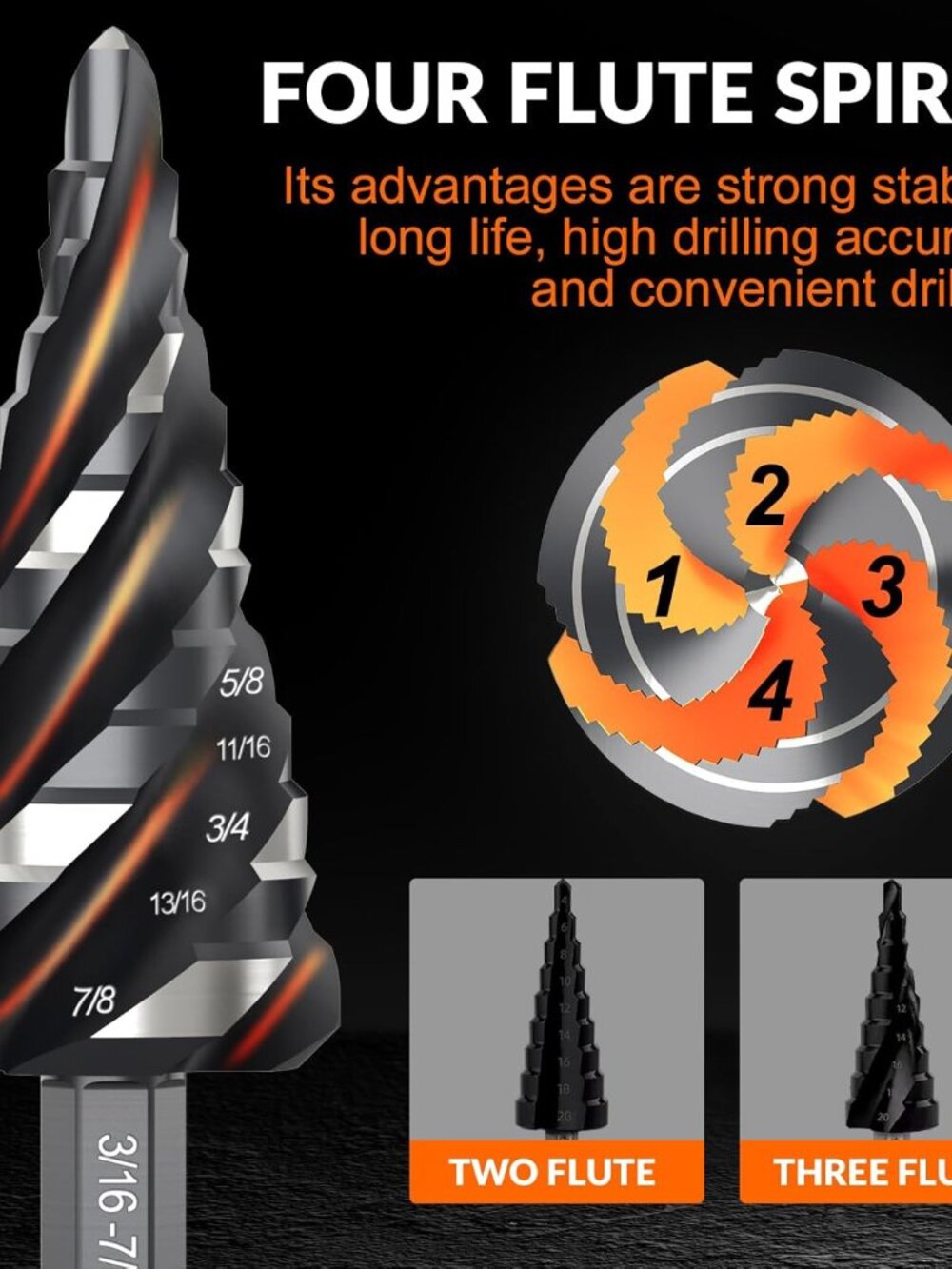 Four Spiral Flute Step Drill Bit Set, 3 Pcs HSS Step Drill Bits 1/8"-7/8" Unibit - Picture 3 of 8